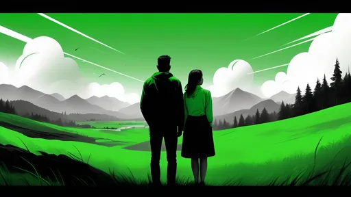 Prompt: a couple of people that are looking at something in the distance with a green background and a black and white photo, Avgust Černigoj, lyco art, behance hd, computer graphics