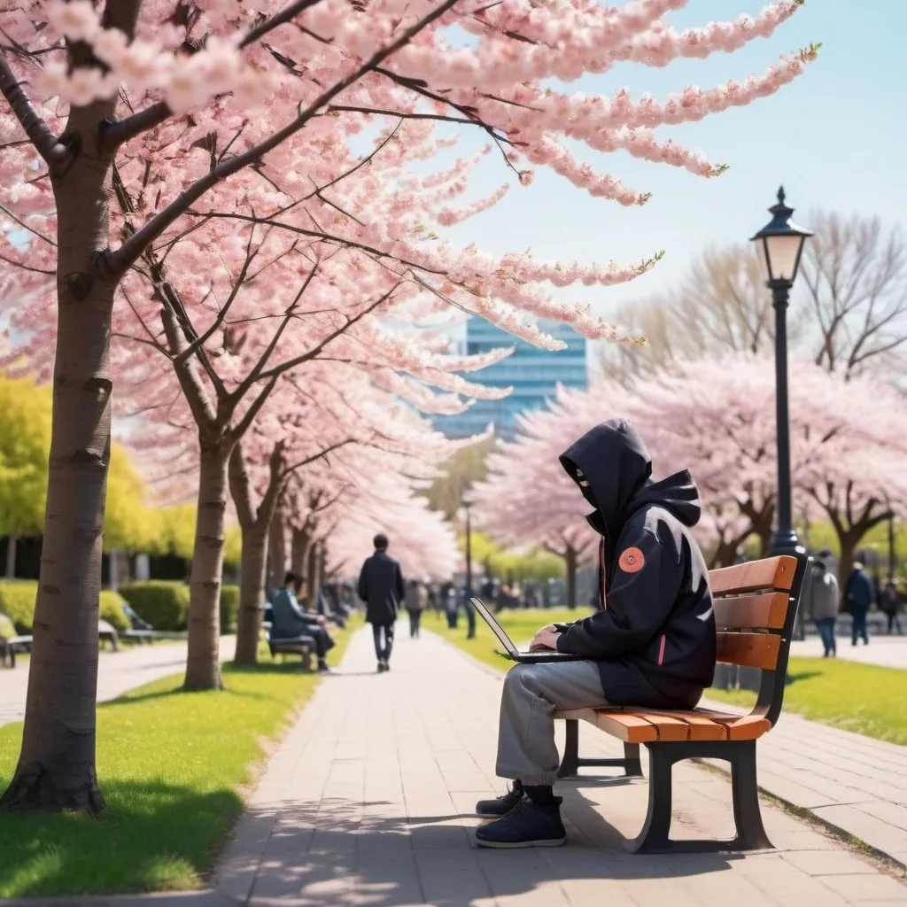 Prompt: Naruto computer hacker. Bright and warm picture. Sitting on a park bench. Budding cherry blossom trees in the background. Sidewalk and people walking by in the foreground.