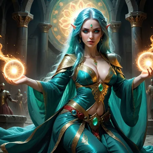 Prompt: Create a mystical scene with a high-elf sorceress radiating power and allure. She has a curvaceous form, wearing elegant green robes over loose harem dancer's attire. Her long azure blue hair, with a striking red streak, frames her face. Her eyes show mesmerizing heterochromia: one emerald green, the other gold, both glowing magically. She hovers above kneeling soldiers, captivated by her beauty and aura. Her concubine-like attire highlights her figure, enhancing her commanding presence. The scene blends magic and allure, capturing her mystical control and the enchantment she casts over her audience.