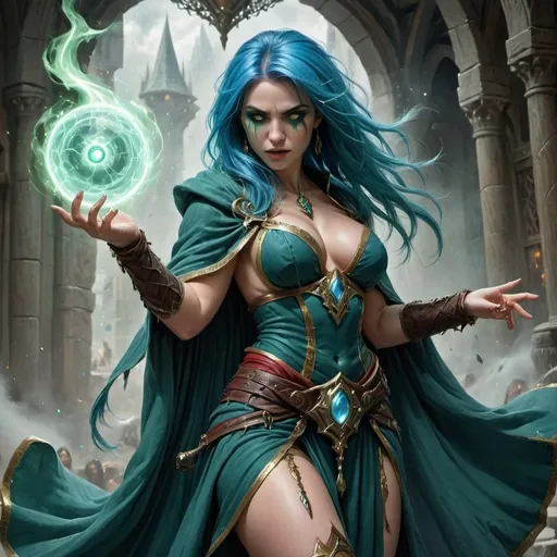 Prompt: Create a mystical scene featuring a captivating high-elf sorceress radiating power and allure. She has long, flowing azure blue hair with a striking blood-red streak framing her enchanting face. The sorceress possesses mesmerizing heterochromia: her left eye glows a rich emerald green, while her right eye shines a brilliant gold. She wears an elegant, billowing green cloak that complements her thin, loose-fitting harem dancer's attire, highlighting her curvaceous figure. In the background, illustrate a dramatic battleground filled with dying orc warriors, writhing in agony as her powerful magic spell tears their brains from their skulls. This creates a striking contrast between her beauty and the chaos of battle, emphasizing her dominance in the scene. The atmosphere should be charged with mystical energy, showcasing the sorceress's enchanting yet formidable presence. Focus on the contrast of colors, the elegance of her attire, and the chaotic expression of the orc warriors to create a captivating and dynamic illustration.