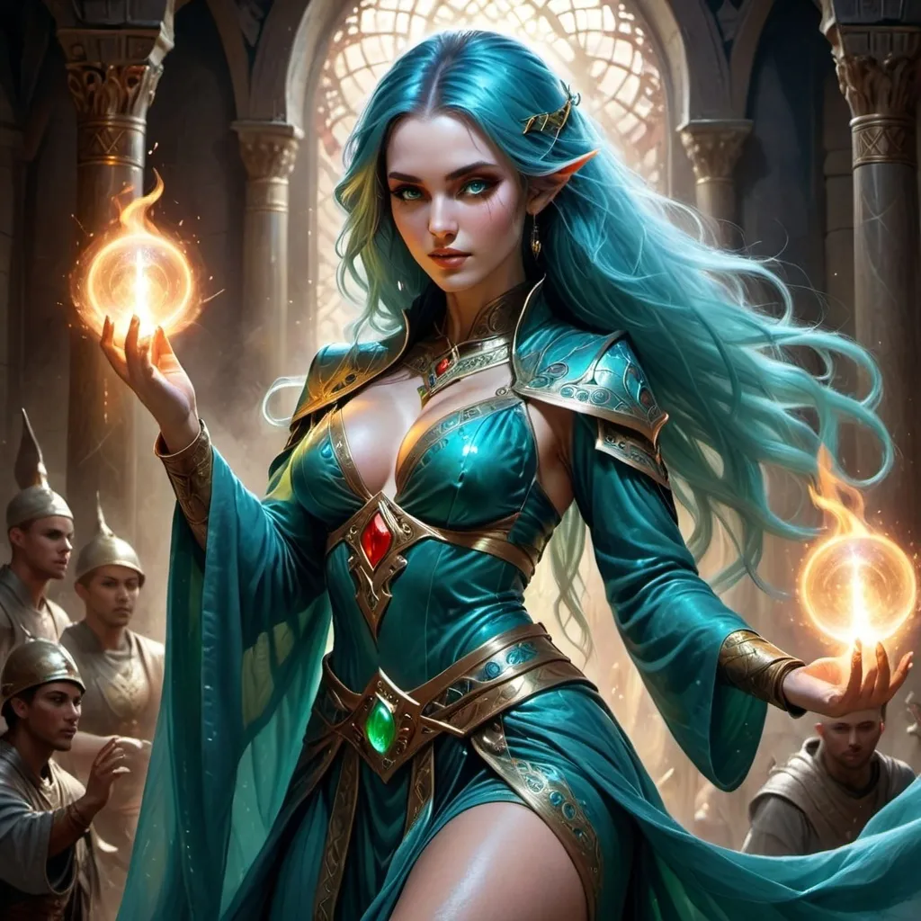 Prompt: Create a mystical scene with a high-elf sorceress radiating power and allure. She has a curvaceous form, wearing elegant green robes over loose harem dancer's attire. Her long azure blue hair, with a striking red streak, frames her face. Her eyes show mesmerizing heterochromia: one emerald green, the other gold, both glowing magically. She hovers above kneeling soldiers, captivated by her beauty and aura. Her concubine-like attire highlights her figure, enhancing her commanding presence. The scene blends magic and allure, capturing her mystical control and the enchantment she casts over her audience.