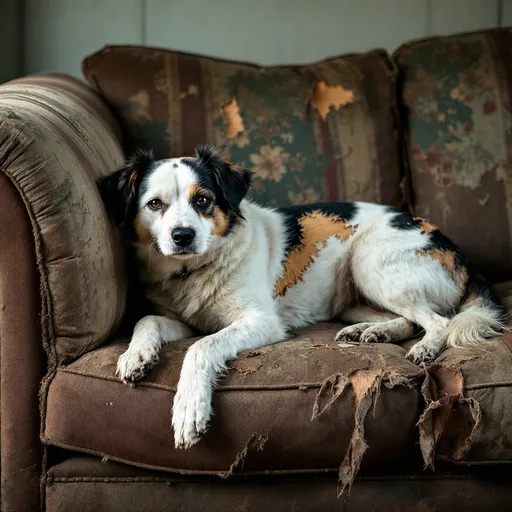 Prompt: A dog is laying on a couch that has been torn to shreds in a vintage style.
