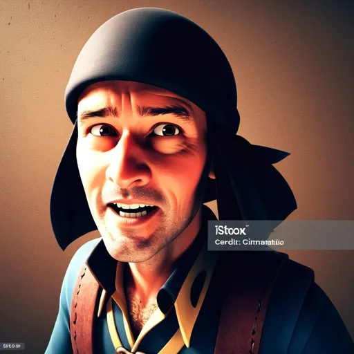 Prompt: Disney pixar character, 3d render style, old pirate evil laugh, cinematic colors