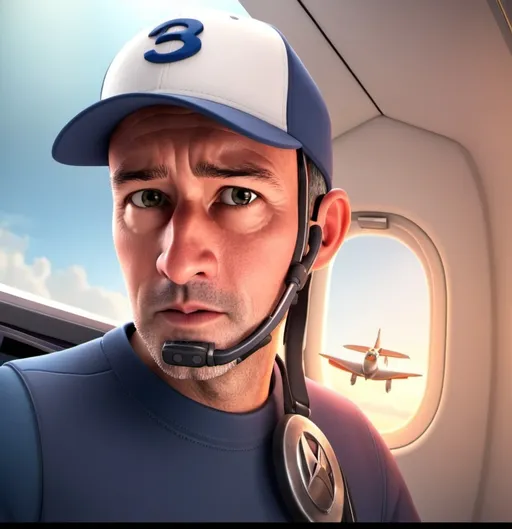 Prompt: Disney pixar character, 3d render style, cinematic colors,men 30 old year,with baseball hat, background cockpit airplane cesna.