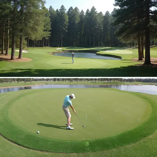 Prompt: Pic1) A golfer standing on the tee box of a very green and well kept golf hole. The hole has water right and fairway left with thick rough surrounding the freshly cut fairway turf. The green is elevated compared to the rest of the hole, with pine trees creating a wall behind the green and other smaller trees and bushes littering the surrounding fescue. 

Pic2) The golfer hits the ball, and launches quickly. The camera takes off after it. The ball launches high into the air where it flies along a few birds for a mere seconds before plummeting back downwards toward the pond. 

Pic3) As the ball crashes into the water it transforms into a fish to join all the other lost fish-golf balls.