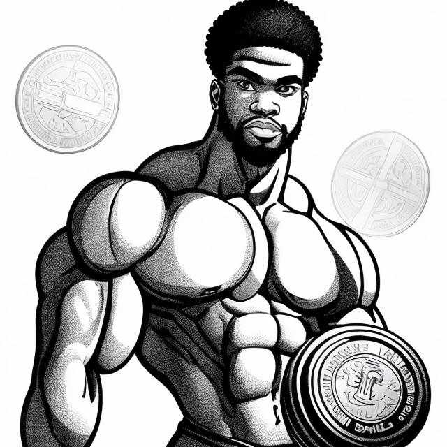 Prompt: line art of a buff, young, and serious Robert Smalls with hair parted and six pack abs while holding a dumbbell