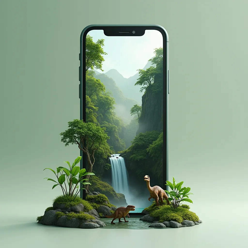 Prompt: Prompt: "A sleek modern smartphone with a jungle scene and miniature fantasy dinosaurs emerges from the screen. The jungle features lush green trees, rocky cliffs, and a small waterfall cascading down, surrounded by mist. The phone stands tall against a simple gradient background, with soft natural light highlighting the details of the jungle. The overall composition combines technology and nature, creating a surreal and harmonious balance.
in this prompt the results may vary depending on the platform you are working on