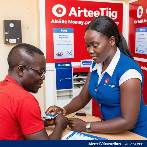 Prompt: A mobile Money Agent attending to a customer in Airteltigo branding materials in Ghana