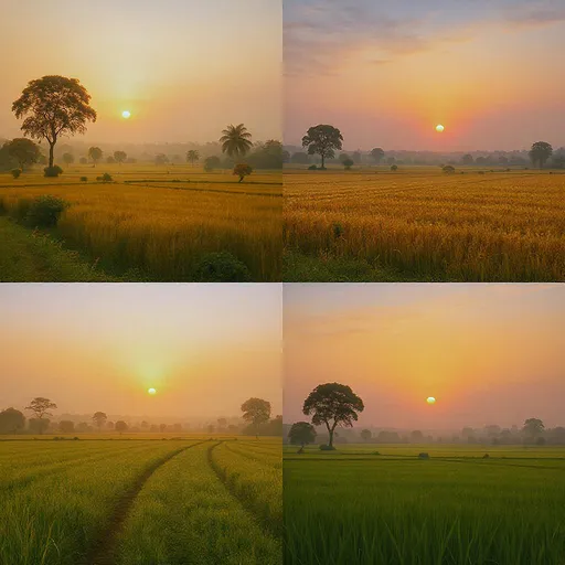 Prompt: Scenic shots of rural India, farmland, sunrises.