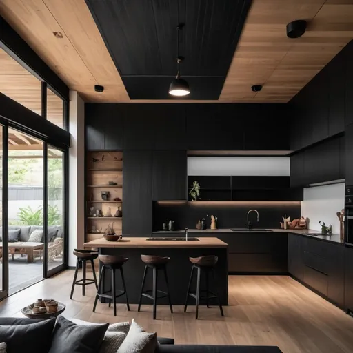 Prompt: Creat an image of an open kitchen and living area with black interior and dark timber cabinets with a East inspired industrial elegance style ceiling artwork inspired by Japanese architecture wabi sabi theme