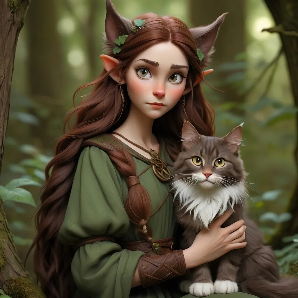 Prompt: Medieval quirky Celtic Druid wood elf without cat ears with very dark auburn brown hair in a whimsical forest setting setting with a dark brown maine coon cat companion