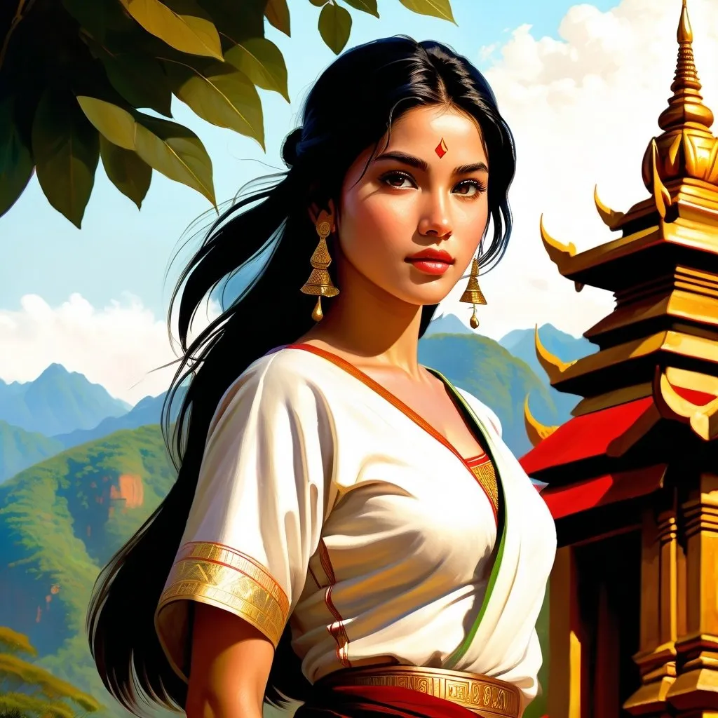 Prompt: Third person, gameplay, Argentinian girl, pale olive skin, black hair, brown eyes,lush hills of Northern Thailan  temples cool atmosphere, book cover  style, extremely detailed painting by Greg Rutkowski and by Henry Justice Ford and by Steve Henderson 

