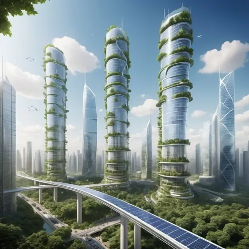 Prompt: imagine a futuristic cityscape where nature and technology harmoniously coexist. design a breathtaking view with towering skyscrapers made of glass and greenery, interconnected by sky bridges. include a clear blue sky, energy-efficient transport systems, and renewable energy sources such as solar panels and wind turbines