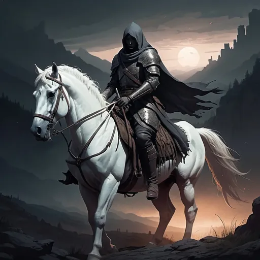 Prompt: Dark themed soldier riding a white horse, both unarmored, atmospheric and mysterious vibes, detailed wilderness background, deep shadows, and muted color palette, emphasis on textures of the soldier's attire and horse's mane, dusk lighting creating an enigmatic aura