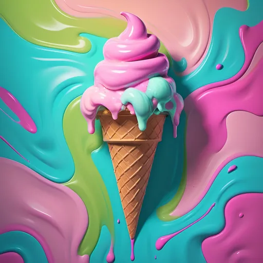 Prompt: Une peinture numérique texturée en haute résolution d'un cornet de glace pop 80's, avec des boules de glace aux teintes vibrantes de rose, bleu fluo et vert pastel qui coulent de façon fluide. La glace semble s'écouler et se mêler, comme si elle était peinte à coups de pinceau dynamiques et épais, créant un effet de relief saisissant. L'image présente une ambiance rétro et énergique, avec des touches néon et des accents géométriques subtils en arrière-plan, typiques du style pop des années 80. Composition audacieuse, éclairage cinématique, détails ultra précis et couleurs saturées – parfait pour des impressions grand format sur Redbubble