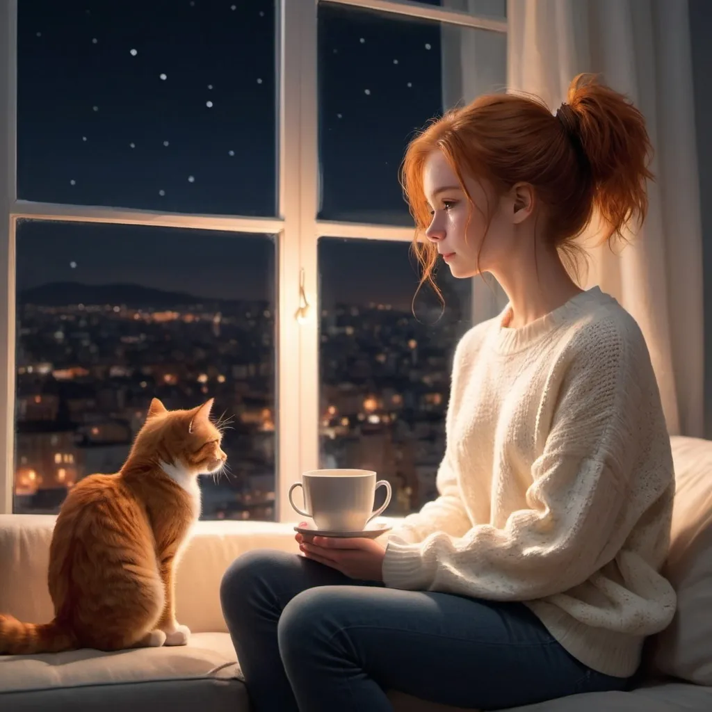 Prompt: at night a girl is sitting on couch wearing white sweater. Having messy bun. she is looking toward big window, from window she is seeing city lights. A cute ginger cat sitting beside a girl on table also looking toward a window. Girl holding cup of tea. window having deem lighting
