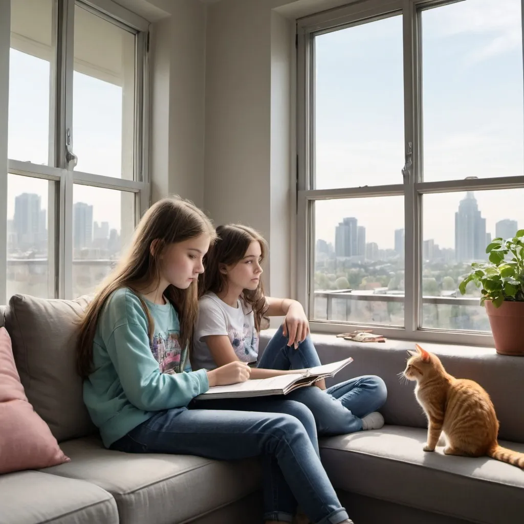 Prompt: A teenage girl sitting on couch inforn of window, a cat sitted beside of girl on table, girl can see city view from window