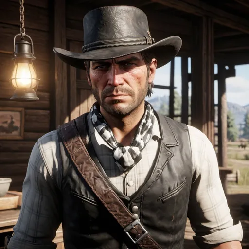 Prompt: Red Dead redemption 2,  cowboy ranger with one relover holsterd,  With a hat like Aruther morgern, Wearing anBlack and white checkered Shirt With an black vest ,Black and white Bandana, tied to around neck