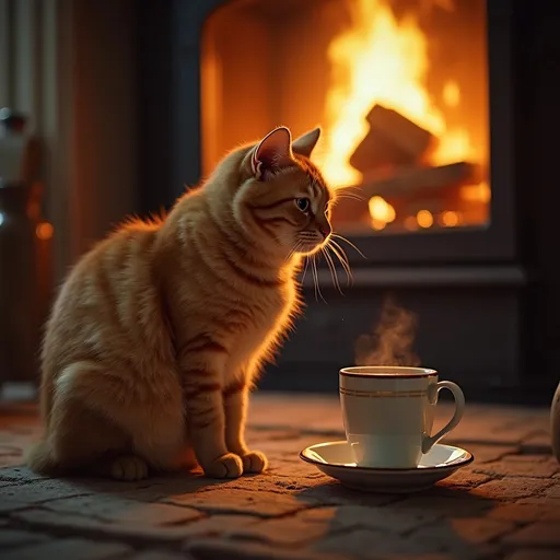 Prompt: Orange tabby, having a coffee next to the fireplace