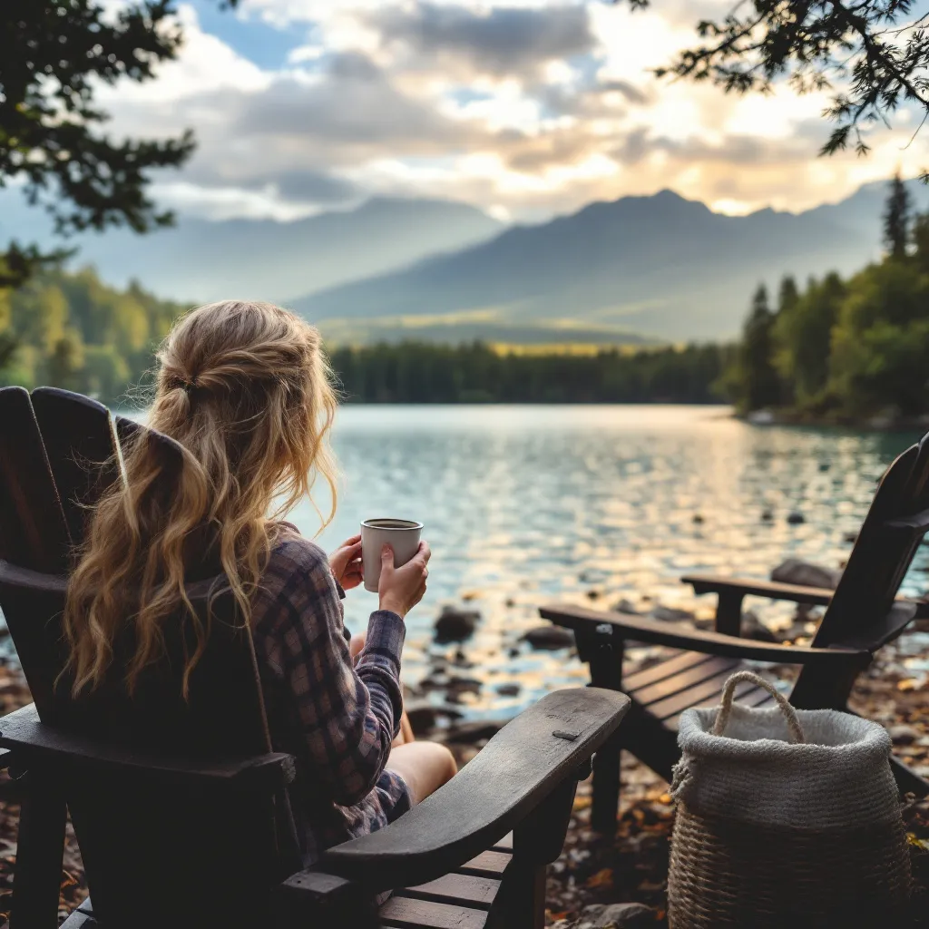 Prompt: A Blonde, long haired woman, sitting in an Adirondack chair, facing the lake with a cup of coffee