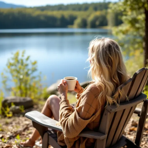 Prompt: A Blonde, long haired Middle aged woman, sitting in an Adirondack chair, facing the lake with a cup of coffee