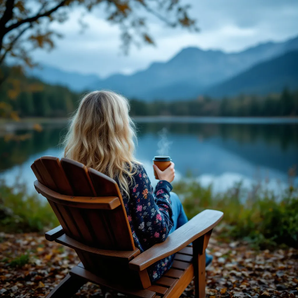 Prompt: A Blonde, long haired Middle aged woman, sitting in an Adirondack chair, facing the lake with a cup of coffee