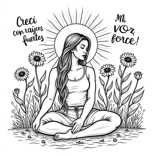 Prompt: - A Latina woman sitting cross-legged on the ground.
- Her hair flows into roots that grow into the earth, connecting to flowers (like marigolds, roses, and sunflowers).
- The sun rises behind her.
- Around her, hand-lettered quotes:  
  *"Crecí con raíces fuertes."* (I grew with strong roots.)  
  *"Mi voz florece."* (My voice blooms.)


**Style:**  
- Clean black line art (easy to color).  
- Delicate but powerful — designed to make the colorer feel grounded and proud.