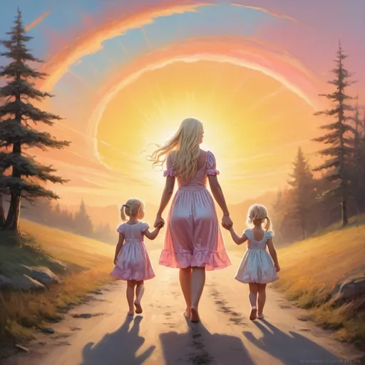 Prompt: Fantasy Painting of curvy Blonde woman holding hands with a blonde little girl with pigtails and a dress looking and walking into a bright sunrise