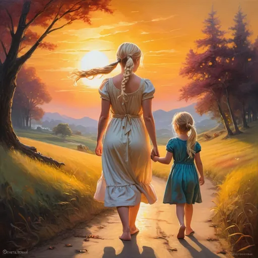 Prompt: Fantasy painting of a plus-sized blonde woman and a little girl with pigtails walking into a bright sunrise, vibrant oil painting, fantasy, ethereal, plus-sized woman, blonde little girl, sunrise, vibrant colors, detailed brushwork, fantasy style, warm and golden tones, ethereal lighting, premium quality, oil painting, detailed characters, sunrise scene, radiant atmosphere, captivating composition