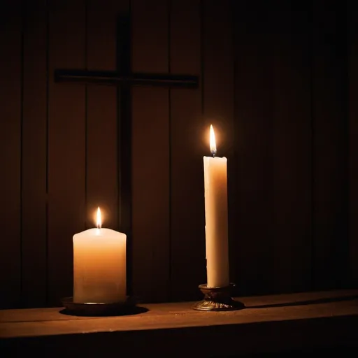 Prompt: A dimly lit candle illuminates a wooden cross, exuding serenity and reverence. (Candlelight, Cross, DSLR, Prime Lens, Evening, Spiritual, Digital)

