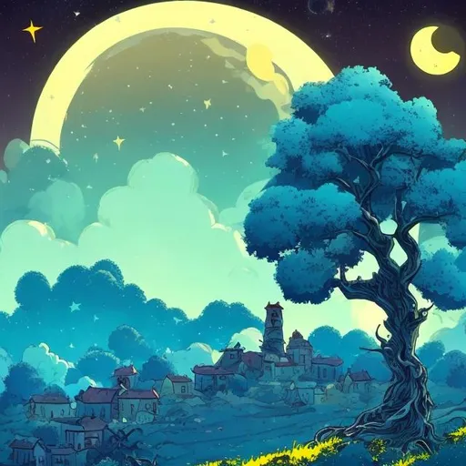Prompt: a bright blue sky plenty of stars and bright full moon and a big dead tree on the left with a small village in the back and a wavy yellow sky