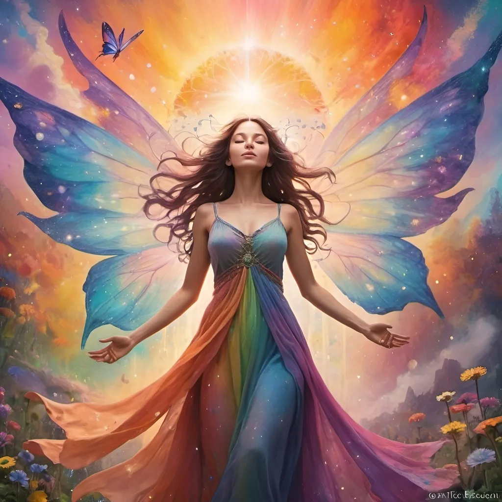 Prompt: A picture of a fairy type woman rising  to meet her full potential surrounded by beautiful colors, hope, peace and love. With the words "The Time is Now, The Power is Within You and the Best is Yet to Come" written under the picture. 