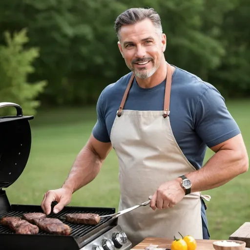 Prompt: Goodlooking man 40’s cooking or grilling
