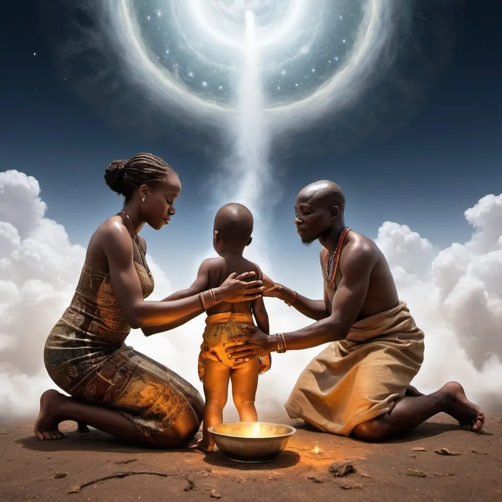 Prompt: A couple and a small child of African descent pour out libations on the ground while in the heavens the ancestors look down from the sky with approving looks