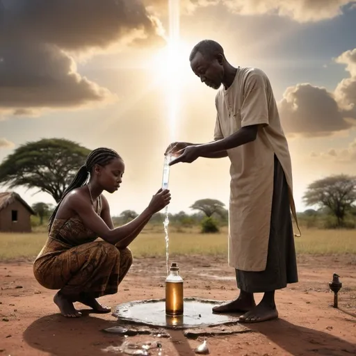 Prompt: A man, woman and child of African descent with long brails pour a vial of water on the ground. In the background the heavens are open and the ancestors of the family are looking down on them with approval