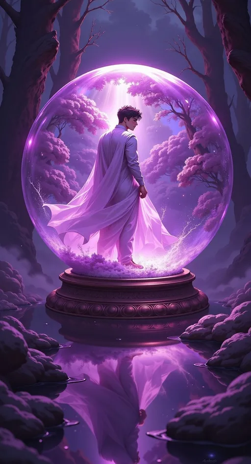 Prompt: Highly detailed gorgeous Glass_sphere with a (softer, less defined) man, inside surrounded_by fairy dust, photorealistic purple and purplecreamfairy filling the sphere, spectrum of heart, Love energy, ::Perfect_proportions, a masterpiece, 4k_resolution, fantasy_concept_art, dynamic_lighting, photorealistic, intricately_detailed, Splash screen art, deep_color, volumetric lighting,stunning, mythical fairy, energy, molecular, textures, iridescent and luminescent, breathtaking beauty, pure perfection, divine presence, unforgettable, impressive, breathtaking beauty, Volumetric light, auras, rays, vivid purple tones reflects