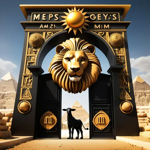 Prompt: A black colored brain, a pyramid, a sun and the number 7 behind a golden colored gate with a lion and a lamb standing guard at the entryway with the word meGYPT embossed over the archway
