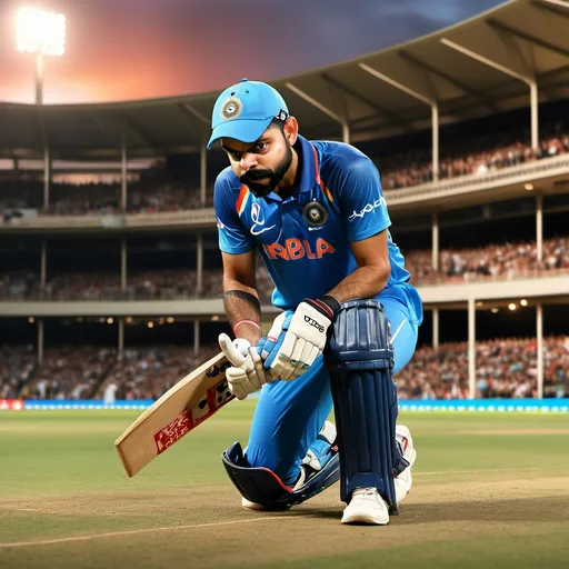 Prompt: Sydney Cricket Ground, (Virat Kohli in 10 years, distressed and furious), emotionally overwhelmed, tears streaming down his face, struggling to clutch a cricket stump, dramatic lighting capturing the intensity, crowd in the background expressing disappointment, warm tones of dusk enveloping the scene, ultra-detailed, 4K quality, capturing the raw emotion and tension of a monumental sports moment.