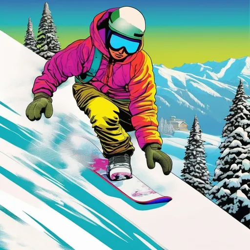 Prompt: retro 80s art, snowboarding down a snow trail , retro art,  Alpine Park in the background, hyper colour, highly detailed