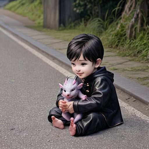 Prompt: make the boy and the baby dragon sitting in the area
