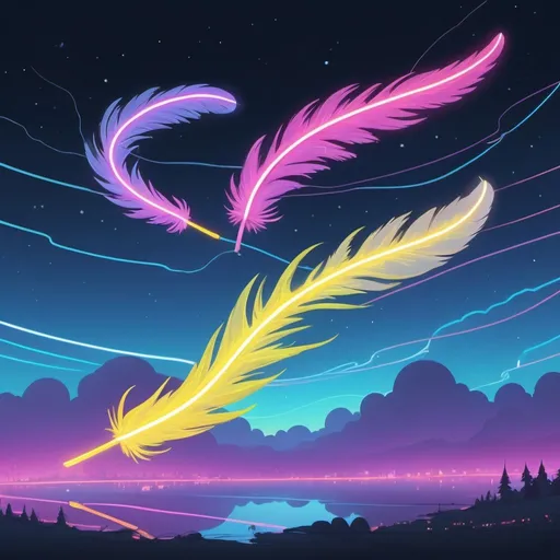 Prompt: Electric whispy feather like and lightweight people, float through the sky leaving neon light trails in their wake in the style of an adventure time cartoon
