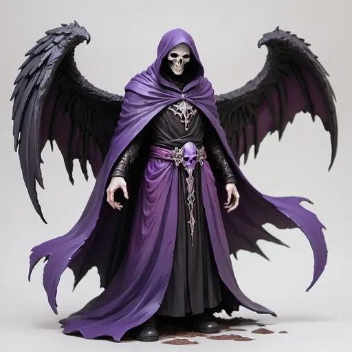 Prompt: Hand painted. Fallen azimar, human body but looks dead. No face. Looks evil. Has wings. Using a black and purple cloak. Spellcaster. Role playing character.