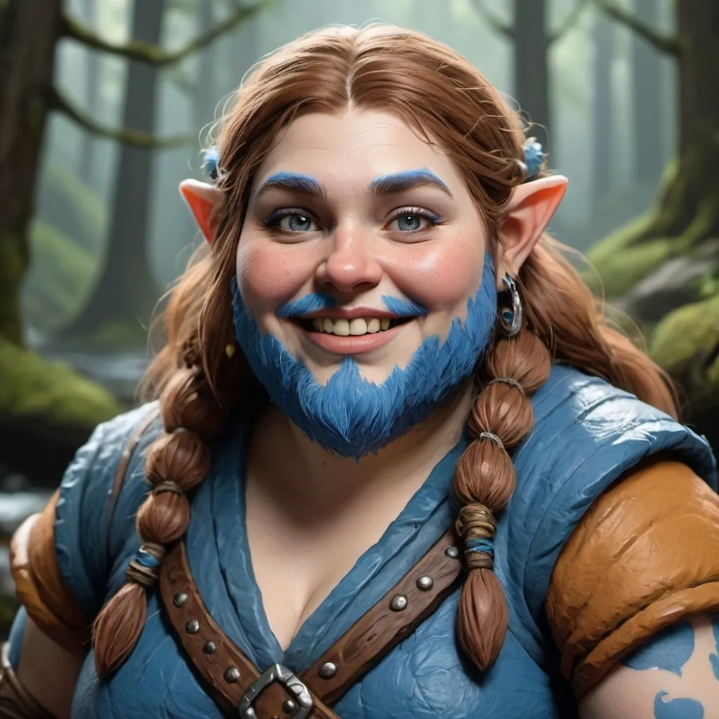 Prompt: Chubby Female Firbolg from D&D universe. Both fur and skin are blue. Has a beard. Gentle, happy but triscker. Hand painted. Role playing character. Protector of the forests. 