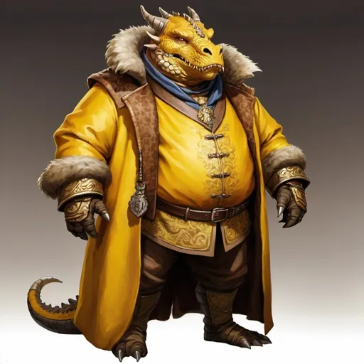 Prompt: Hand painted. Fat male gold skinned dragonborn. Looks royal. dressed in an oppulant yellow and brown coat with furs. Role playing character. 