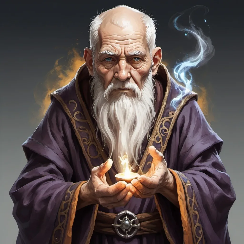 Prompt: Hand painted. Old man with a white beard. Blind eyes. Is both a sorcerer and a monk. Is casting a spell coloured white. Role playing character.