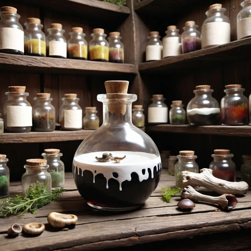 Prompt: Hand painted. A single potion with white liquid standing on an old wooden table. The table is an alchemist table, it's full of herbs, dried mushrooms, alchemy stuff. Lots of jars and flasks on some shelves on the background.