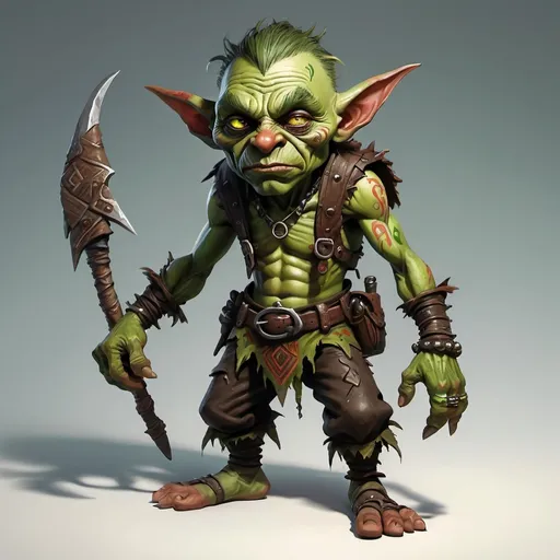 Prompt: Hand painted. Well mannered goblin. No armor, just pants and boots. Green skin with tribal paint. Looks unsecure. Behind him you can see a shadow of a bear. Role playing character.