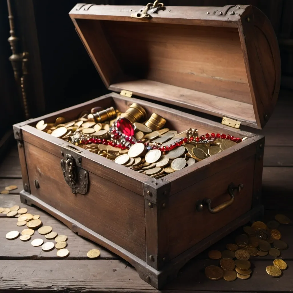 Prompt: Open wooden chest. With a lot of old gold coins, jewels, pipes, scrolls and treasure in general. Has background you can see a dusty wooden floor.