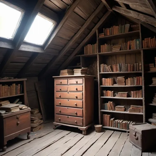 Prompt: Hand painted. Old wooden house attic. Unhabbited. No door only a window. A lot of dust and webs. One big chest and one small chest. Books.