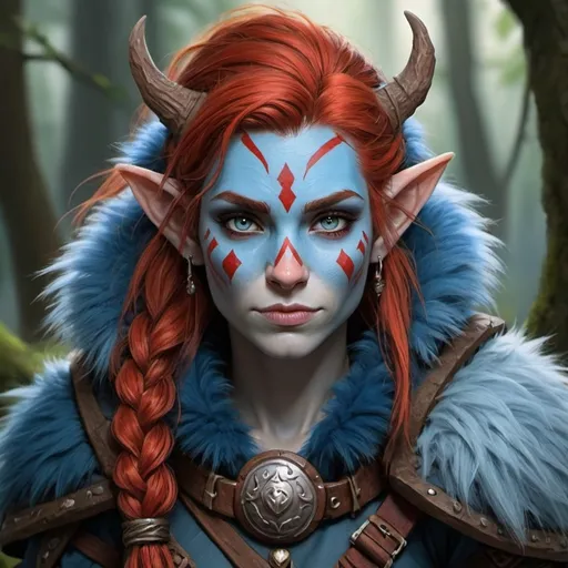 Prompt: Hand painted. Role playing character. Female Firbolg. Blue fur with red beard. Protector of the forests. Loves animals